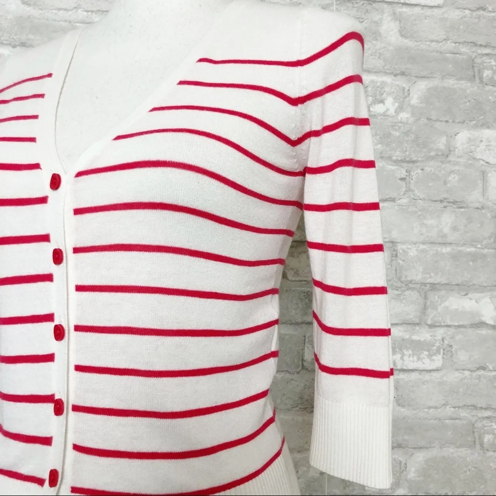 CACHE CACHE White & Red Striped Button Down Quarter Sleeve Cardigan Sweater Sm - Picture 8 of 13